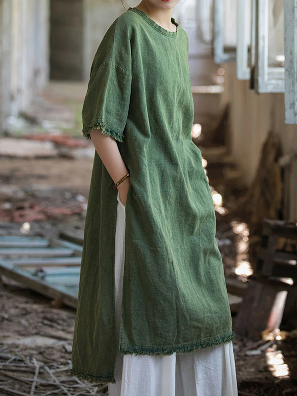 Half Sleeves High-low Fringed Solid Color Split-Joint Split-side Round-neck Midi Dresses - Image 8