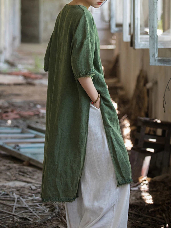Half Sleeves High-low Fringed Solid Color Split-Joint Split-side Round-neck Midi Dresses - Image 9