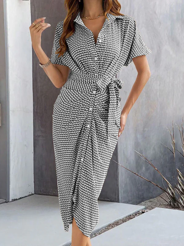 Half Sleeves High Waisted Buttoned Pleated Tied Waist V-Neck Midi Dresses - Image 2