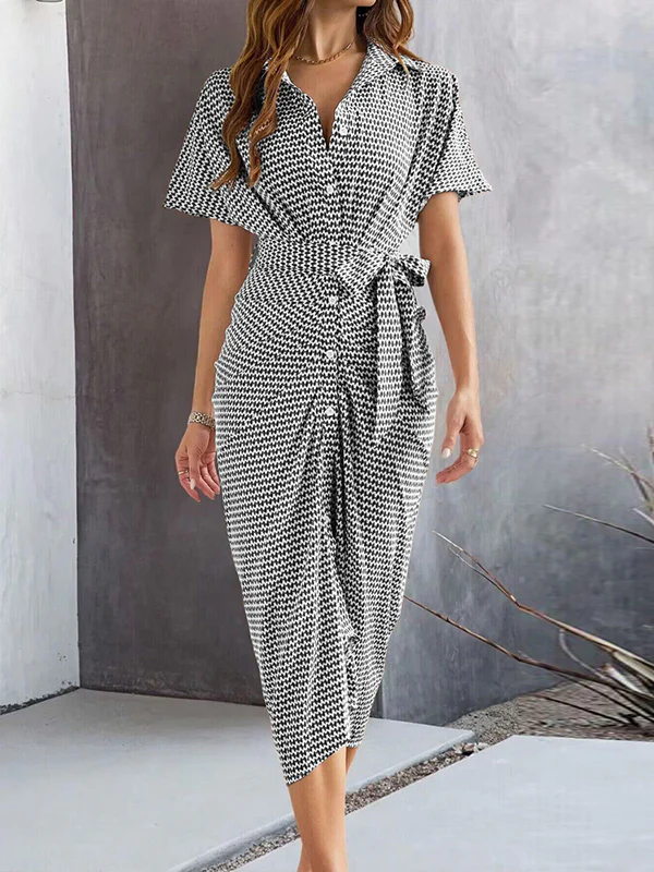 Half Sleeves High Waisted Buttoned Pleated Tied Waist V-Neck Midi Dresses - Image 3