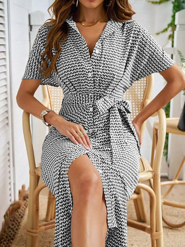 Half Sleeves High Waisted Buttoned Pleated Tied Waist V-Neck Midi Dresses - Image 6