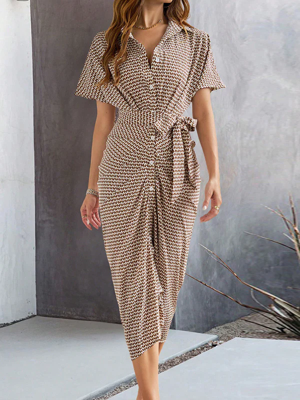 Half Sleeves High Waisted Buttoned Pleated Tied Waist V-Neck Midi Dresses - Image 9