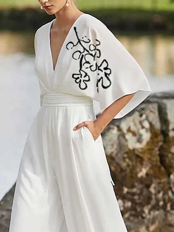 Half Sleeves High Waisted Flower Print Pleated Pockets Deep V-Neck Jumpsuits - Image 2