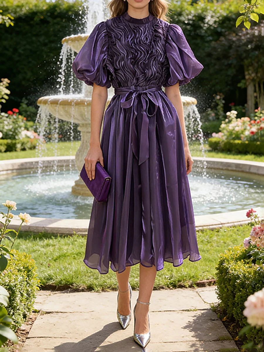 Half Sleeves High Waisted Pleated Ruffled Tied Waist Zipper Round-Neck Maxi Dresses - Image 2