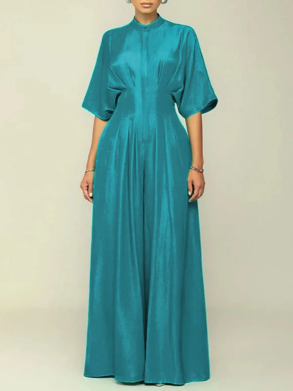 Half Sleeves High Waisted Pleated Solid Color Mock Neck Jumpsuits - Image 2