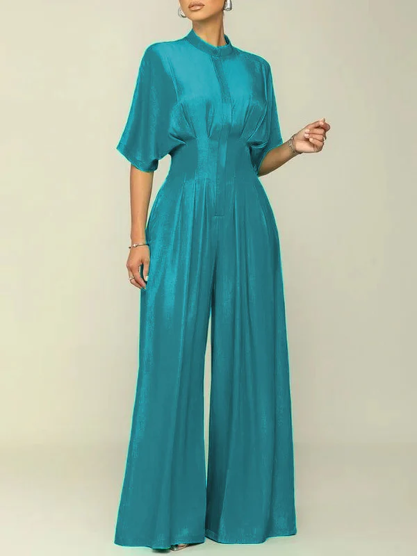Half Sleeves High Waisted Pleated Solid Color Mock Neck Jumpsuits - Image 3