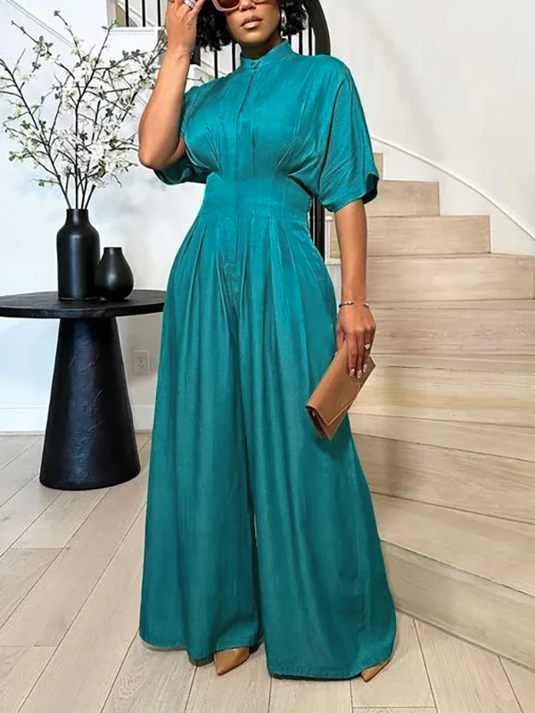 Half Sleeves High Waisted Pleated Solid Color Mock Neck Jumpsuits - Image 4