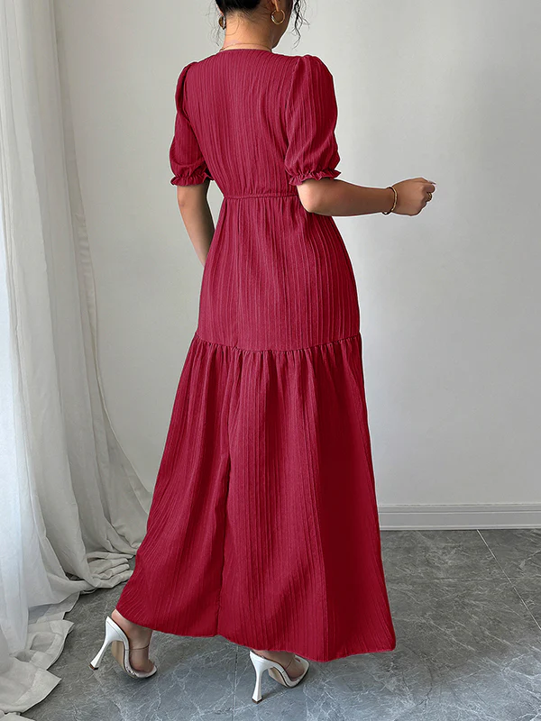 Half Sleeves High Waisted Pleated Solid Color Split-Front V-Neck Maxi Dresses - Image 10
