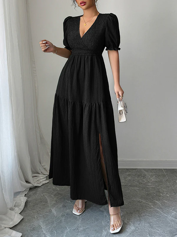 Half Sleeves High Waisted Pleated Solid Color Split-Front V-Neck Maxi Dresses - Image 11