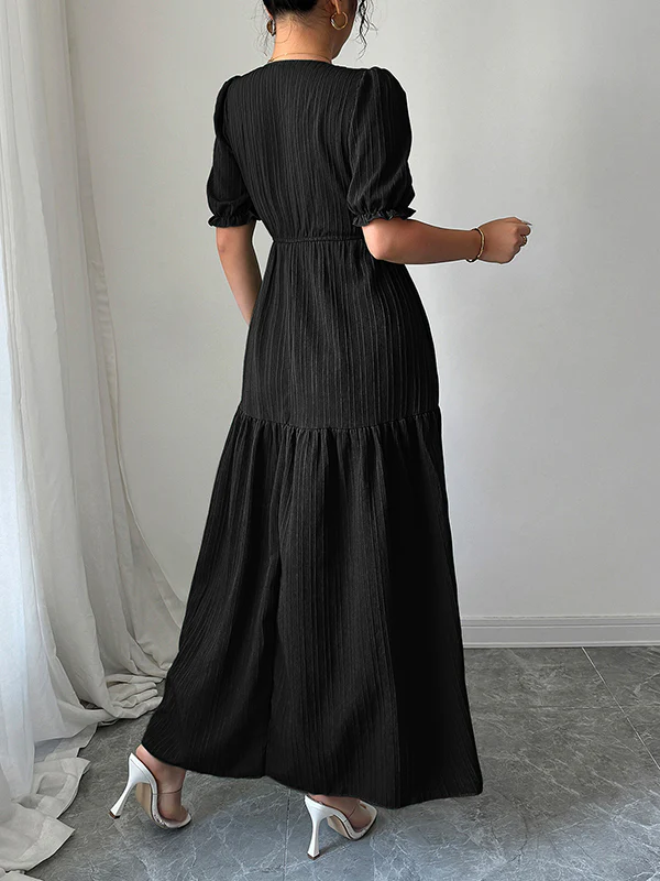 Half Sleeves High Waisted Pleated Solid Color Split-Front V-Neck Maxi Dresses - Image 12