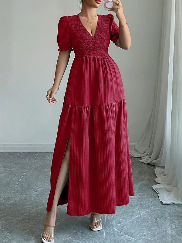 Half Sleeves High Waisted Pleated Solid Color Split-Front V-Neck Maxi Dresses - Image 3