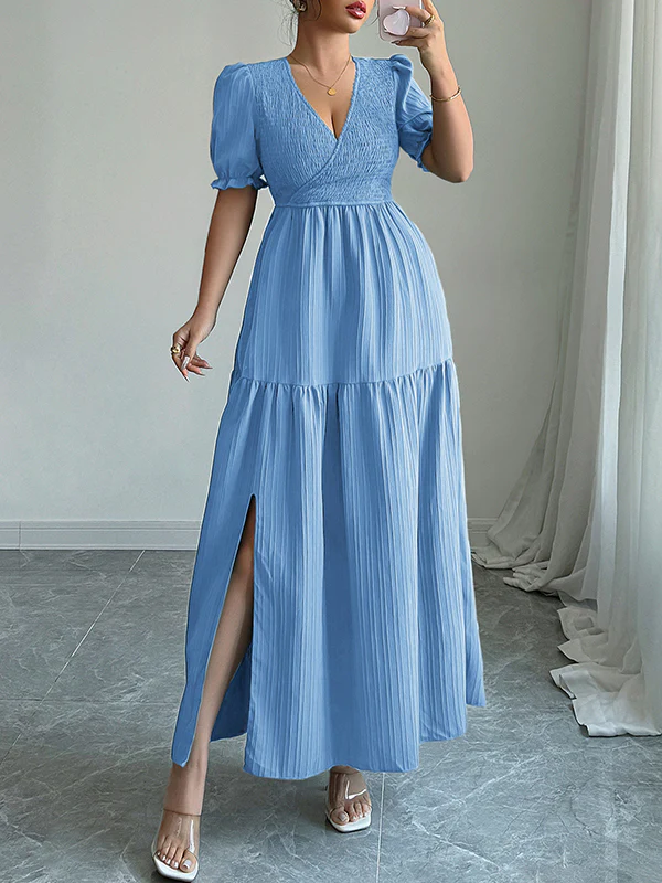 Half Sleeves High Waisted Pleated Solid Color Split-Front V-Neck Maxi Dresses - Image 4