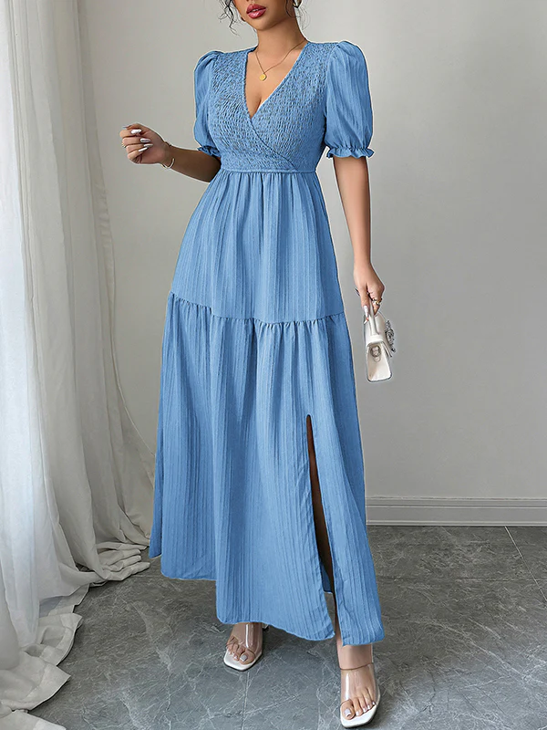 Half Sleeves High Waisted Pleated Solid Color Split-Front V-Neck Maxi Dresses - Image 5