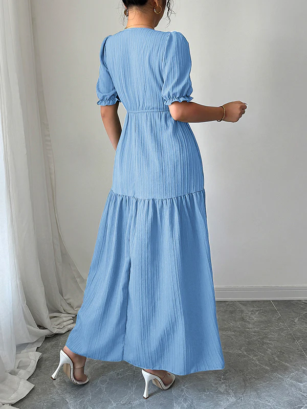 Half Sleeves High Waisted Pleated Solid Color Split-Front V-Neck Maxi Dresses - Image 6