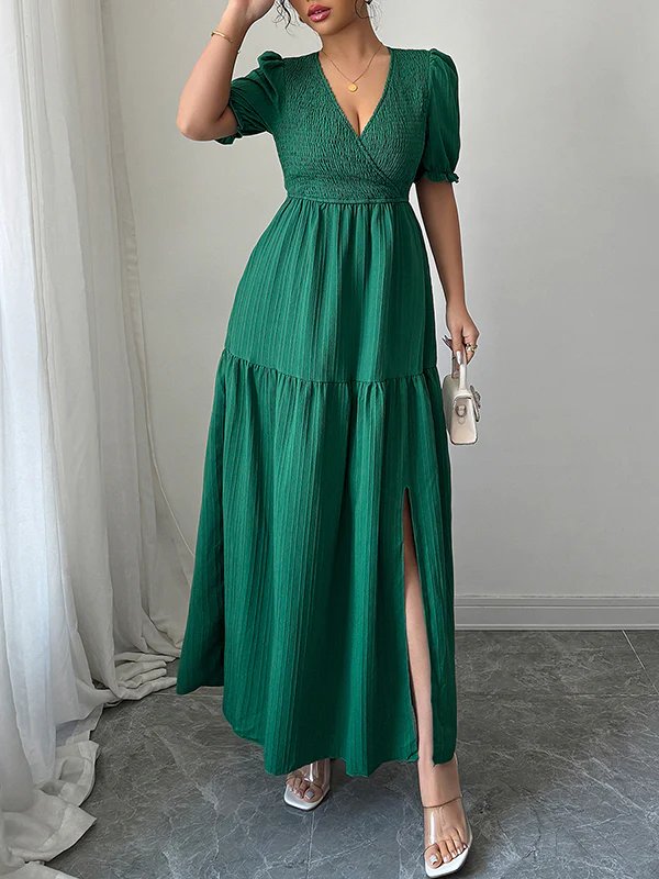 Half Sleeves High Waisted Pleated Solid Color Split-Front V-Neck Maxi Dresses - Image 7