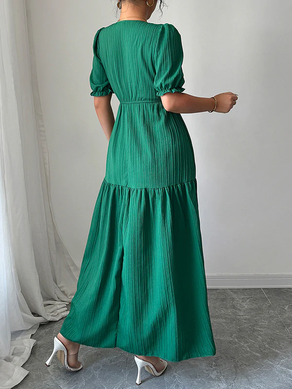 Half Sleeves High Waisted Pleated Solid Color Split-Front V-Neck Maxi Dresses - Image 8