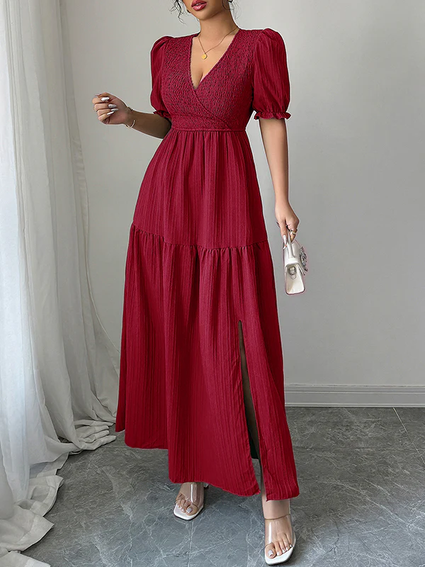 Half Sleeves High Waisted Pleated Solid Color Split-Front V-Neck Maxi Dresses - Image 9