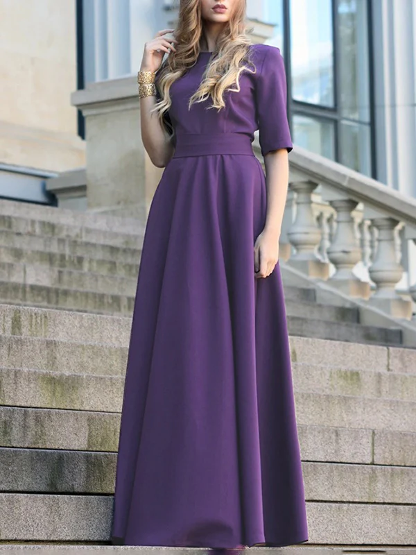 Half Sleeves High Waisted Solid Color Tied Waist V-Neck Maxi Dresses - Image 10