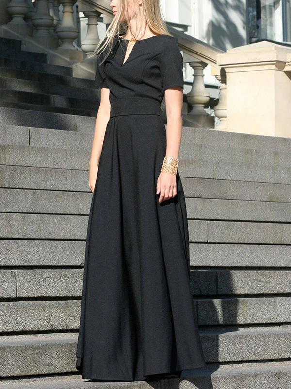 Half Sleeves High Waisted Solid Color Tied Waist V-Neck Maxi Dresses - Image 12