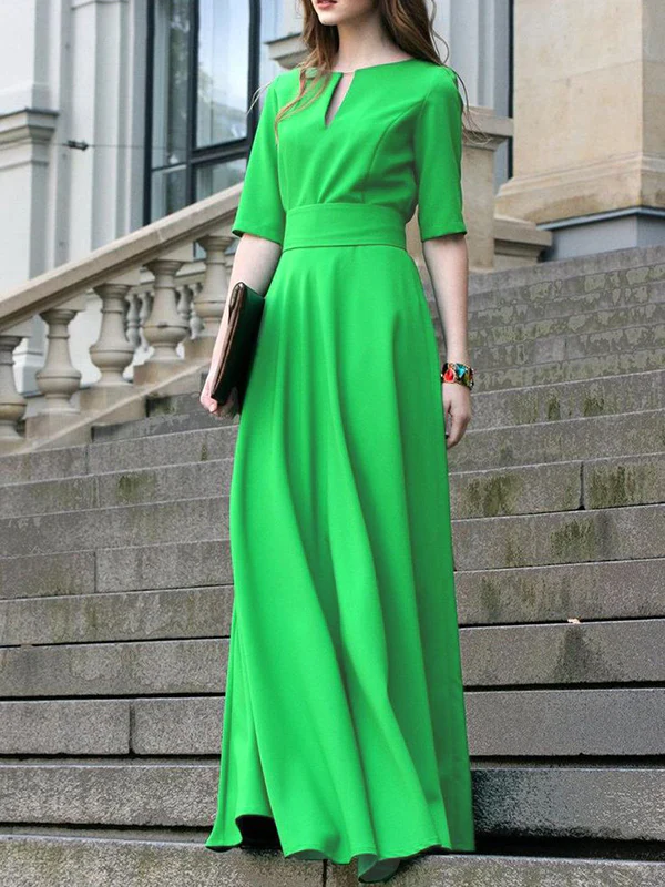 Half Sleeves High Waisted Solid Color Tied Waist V-Neck Maxi Dresses - Image 13