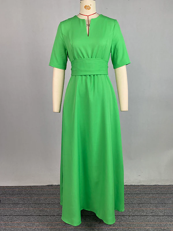 Half Sleeves High Waisted Solid Color Tied Waist V-Neck Maxi Dresses - Image 14