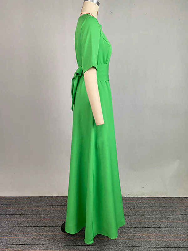 Half Sleeves High Waisted Solid Color Tied Waist V-Neck Maxi Dresses - Image 15