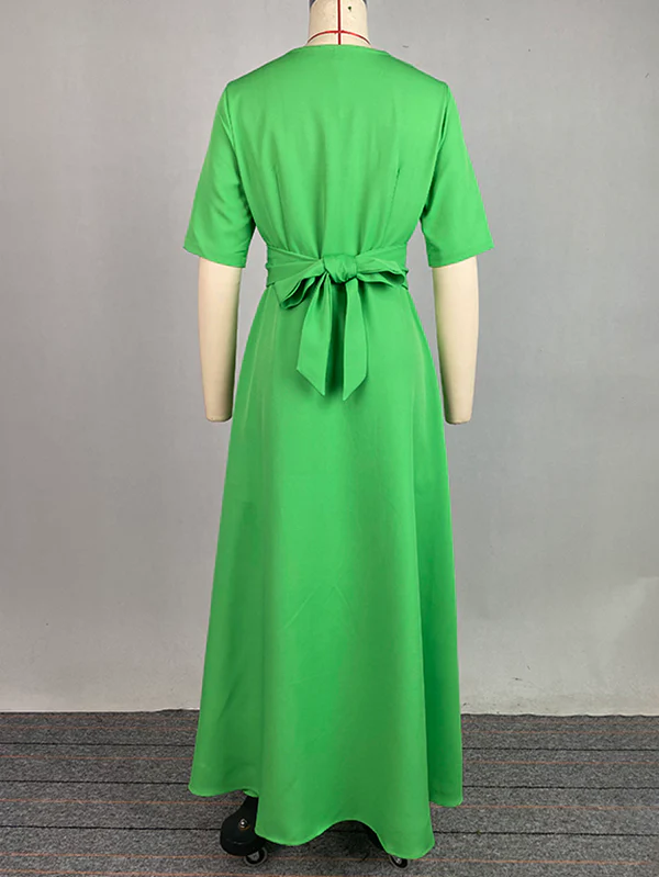 Half Sleeves High Waisted Solid Color Tied Waist V-Neck Maxi Dresses - Image 16