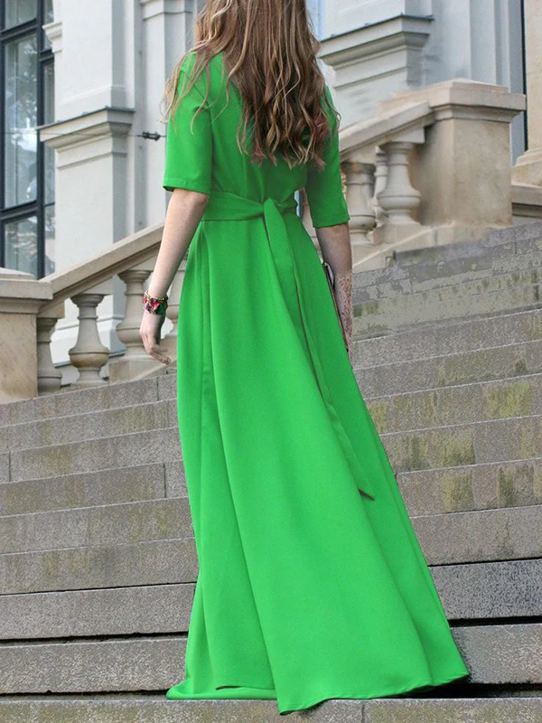 Half Sleeves High Waisted Solid Color Tied Waist V-Neck Maxi Dresses - Image 2