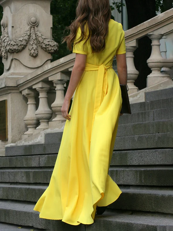 Half Sleeves High Waisted Solid Color Tied Waist V-Neck Maxi Dresses - Image 4
