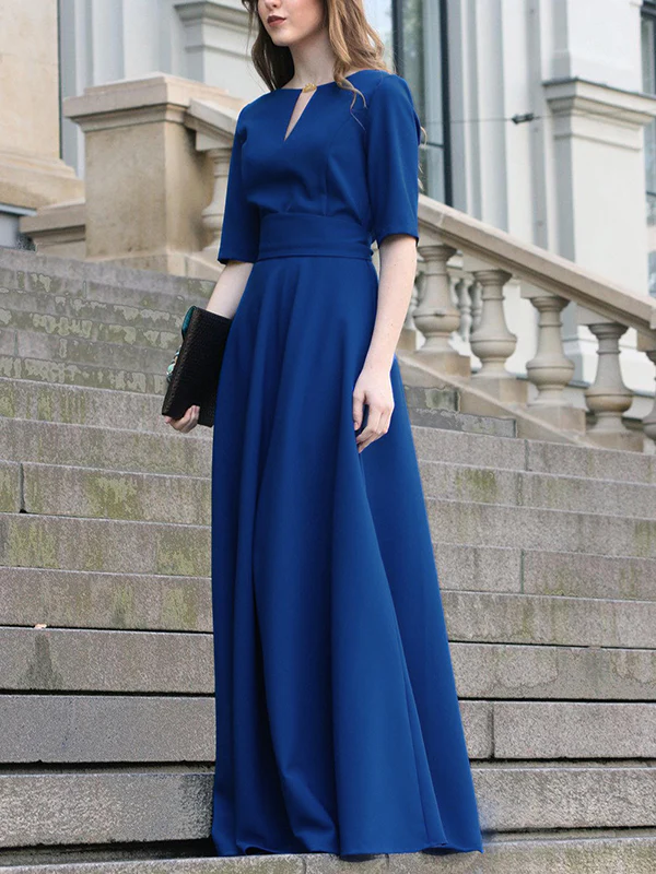 Half Sleeves High Waisted Solid Color Tied Waist V-Neck Maxi Dresses - Image 5