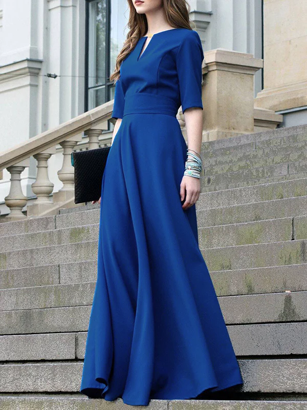 Half Sleeves High Waisted Solid Color Tied Waist V-Neck Maxi Dresses - Image 6