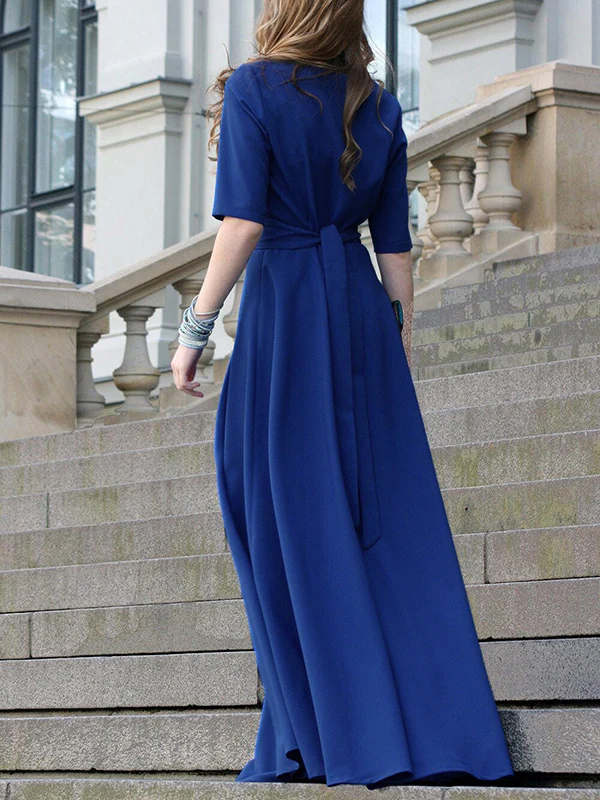 Half Sleeves High Waisted Solid Color Tied Waist V-Neck Maxi Dresses - Image 7