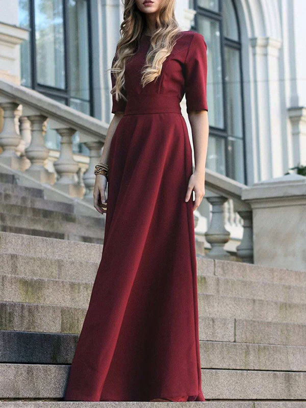 Half Sleeves High Waisted Solid Color Tied Waist V-Neck Maxi Dresses - Image 8