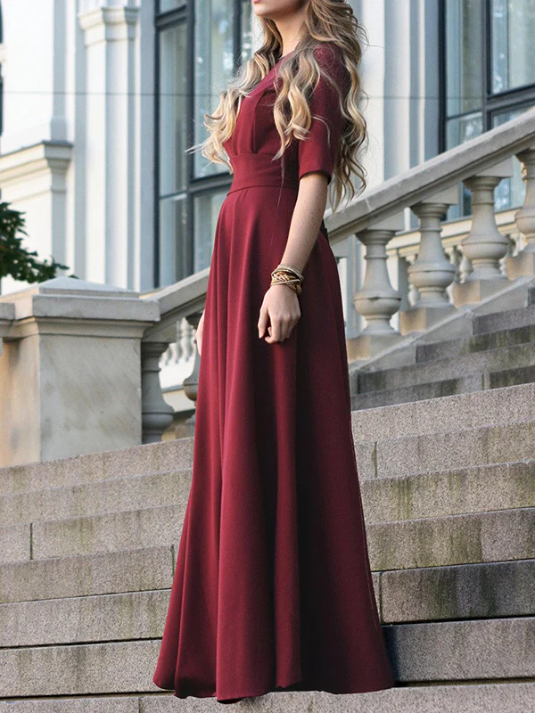 Half Sleeves High Waisted Solid Color Tied Waist V-Neck Maxi Dresses - Image 9