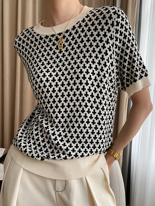Half Sleeves Houndstooth Round-Neck Sweater Tops - Image 2