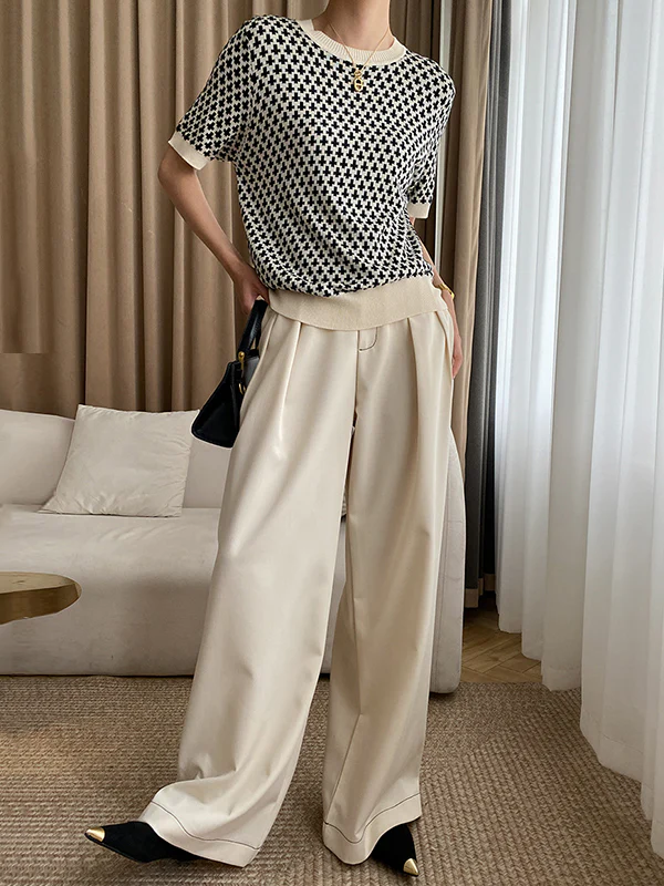 Half Sleeves Houndstooth Round-Neck Sweater Tops - Image 3