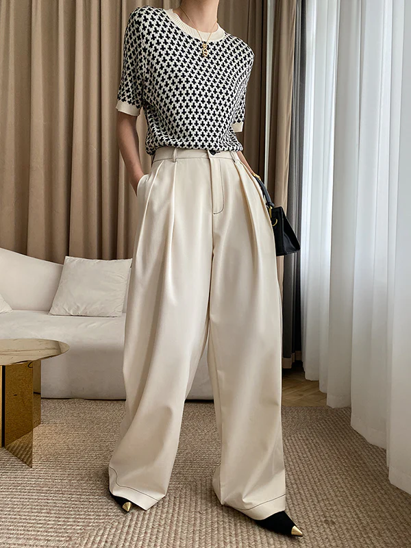 Half Sleeves Houndstooth Round-Neck Sweater Tops - Image 5