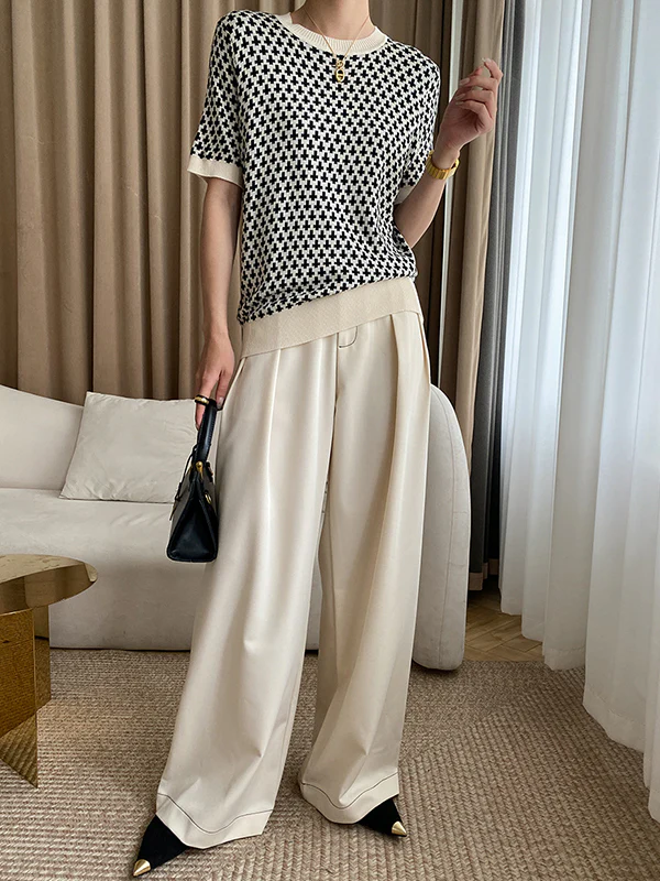 Half Sleeves Houndstooth Round-Neck Sweater Tops - Image 6