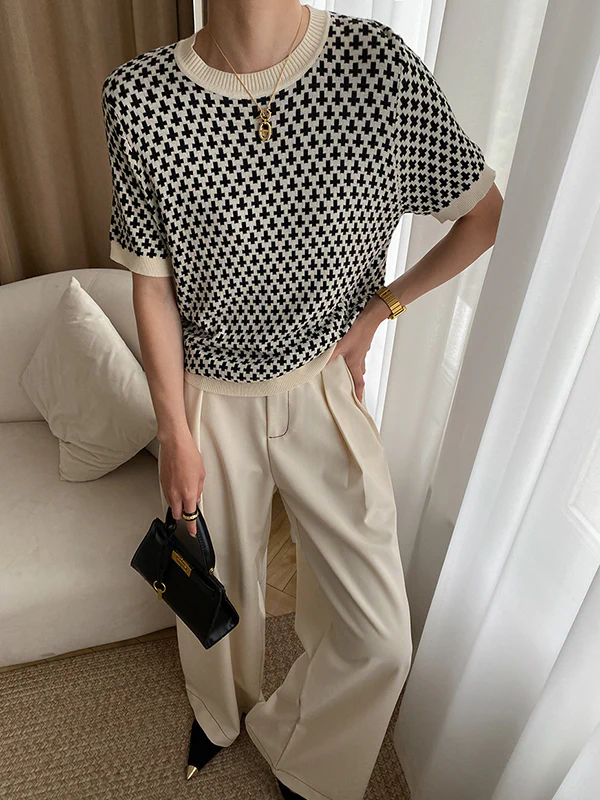 Half Sleeves Houndstooth Round-Neck Sweater Tops - Image 7
