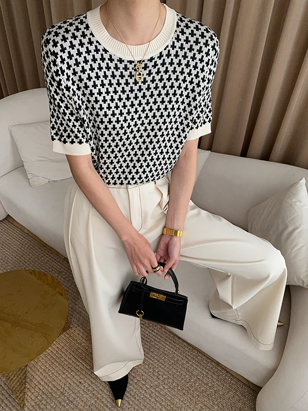 Half Sleeves Houndstooth Round-Neck Sweater Tops - Image 8