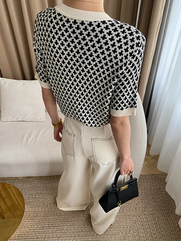 Half Sleeves Houndstooth Round-Neck Sweater Tops - Image 9