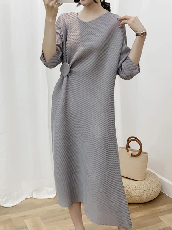Half Sleeves Irregular Clipping Pleated Solid Color Round-Neck Midi Dresses - Image 11
