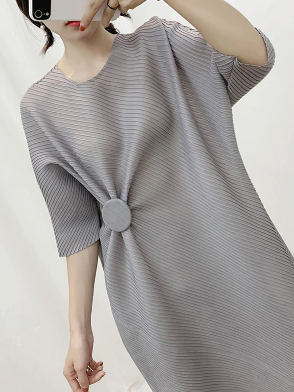 Half Sleeves Irregular Clipping Pleated Solid Color Round-Neck Midi Dresses - Image 15