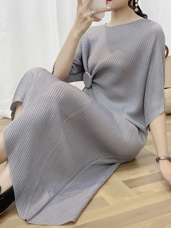 Half Sleeves Irregular Clipping Pleated Solid Color Round-Neck Midi Dresses - Image 2