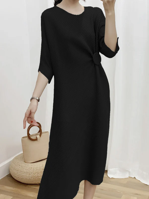 Half Sleeves Irregular Clipping Pleated Solid Color Round-Neck Midi Dresses - Image 3