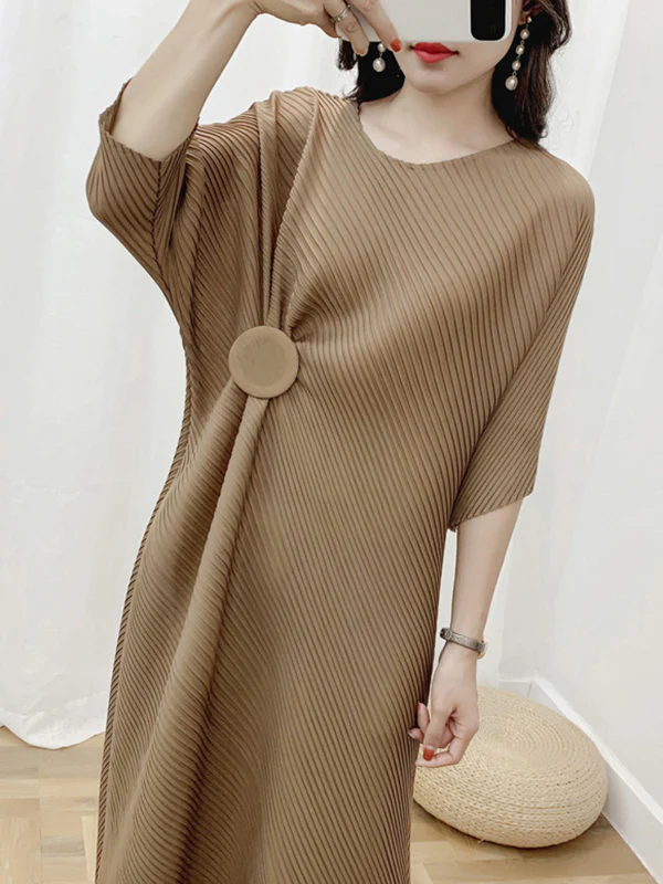 Half Sleeves Irregular Clipping Pleated Solid Color Round-Neck Midi Dresses - Image 9