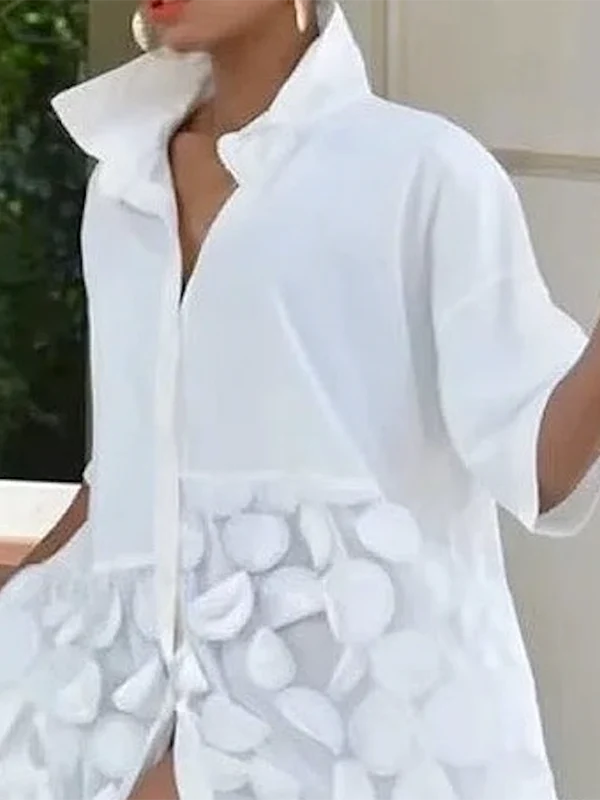 Half Sleeves Loose Applique Solid Color Split-Joint Lapel Collar Midi Dresses - Image 4