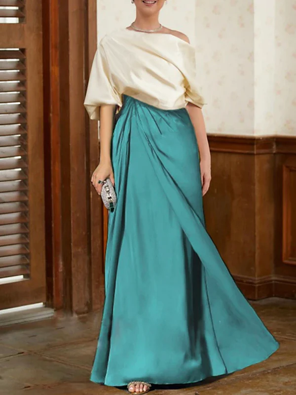 Half Sleeves Loose Asymmetric Contrast Color Pleated Split-Joint One-Shoulder Evening Dresses Maxi Dresses - Image 3