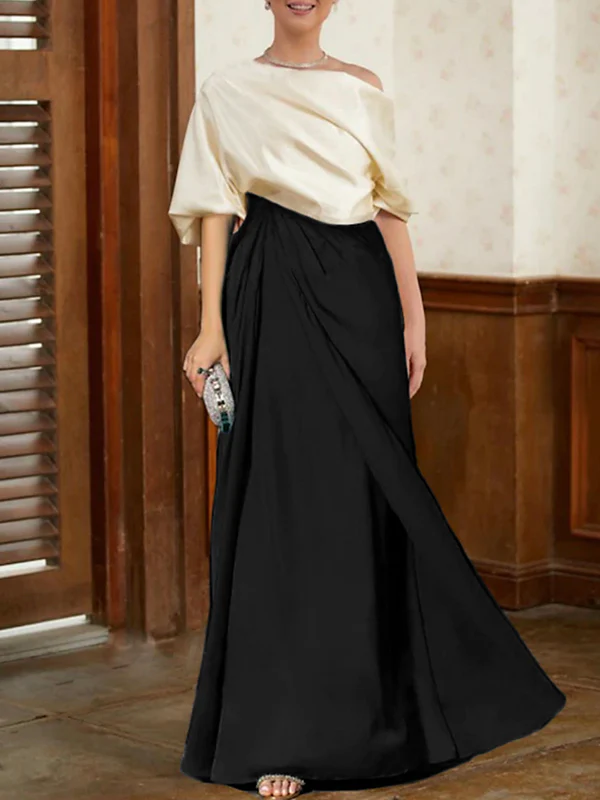 Half Sleeves Loose Asymmetric Contrast Color Pleated Split-Joint One-Shoulder Evening Dresses Maxi Dresses - Image 4