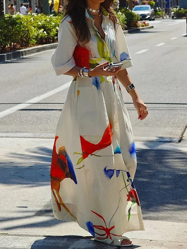 Half Sleeves Loose Asymmetric Printed Split-Joint Tied Waist Lapel Maxi Dresses Shirt Dress - Image 2